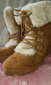 Tan and Fur Wedge Booties
